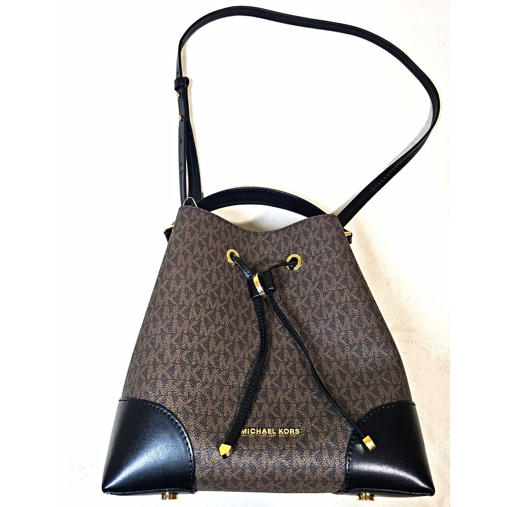 Michael Kors Mercer Medium Drawstring Bucket Bag Crossbody Brown Black Used